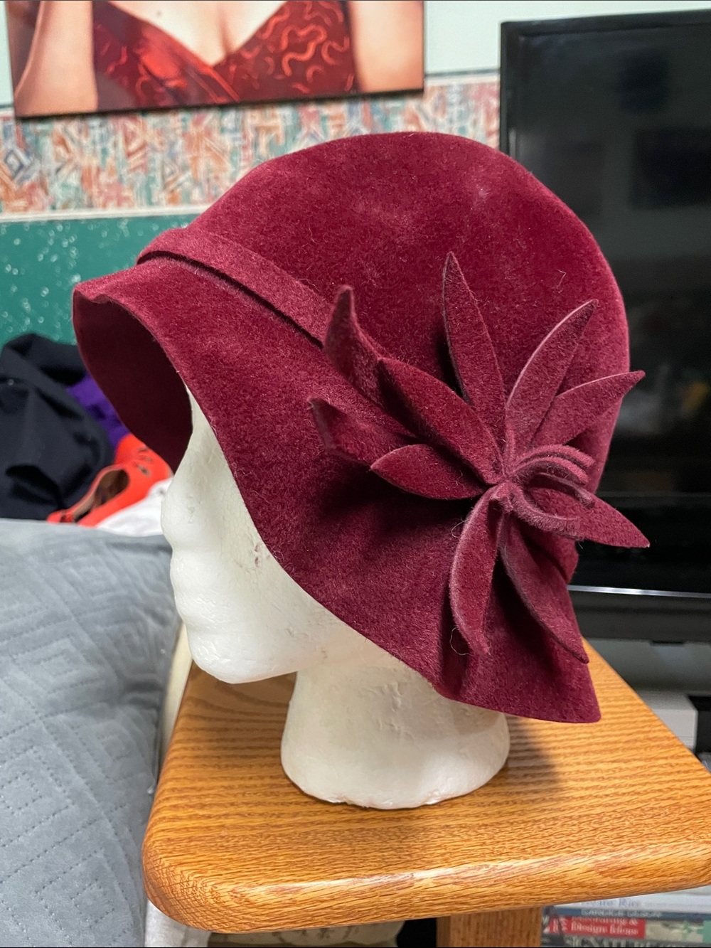 Vintage wool felt Burgundy Cloche Hat with Flower Accent- gorgeous